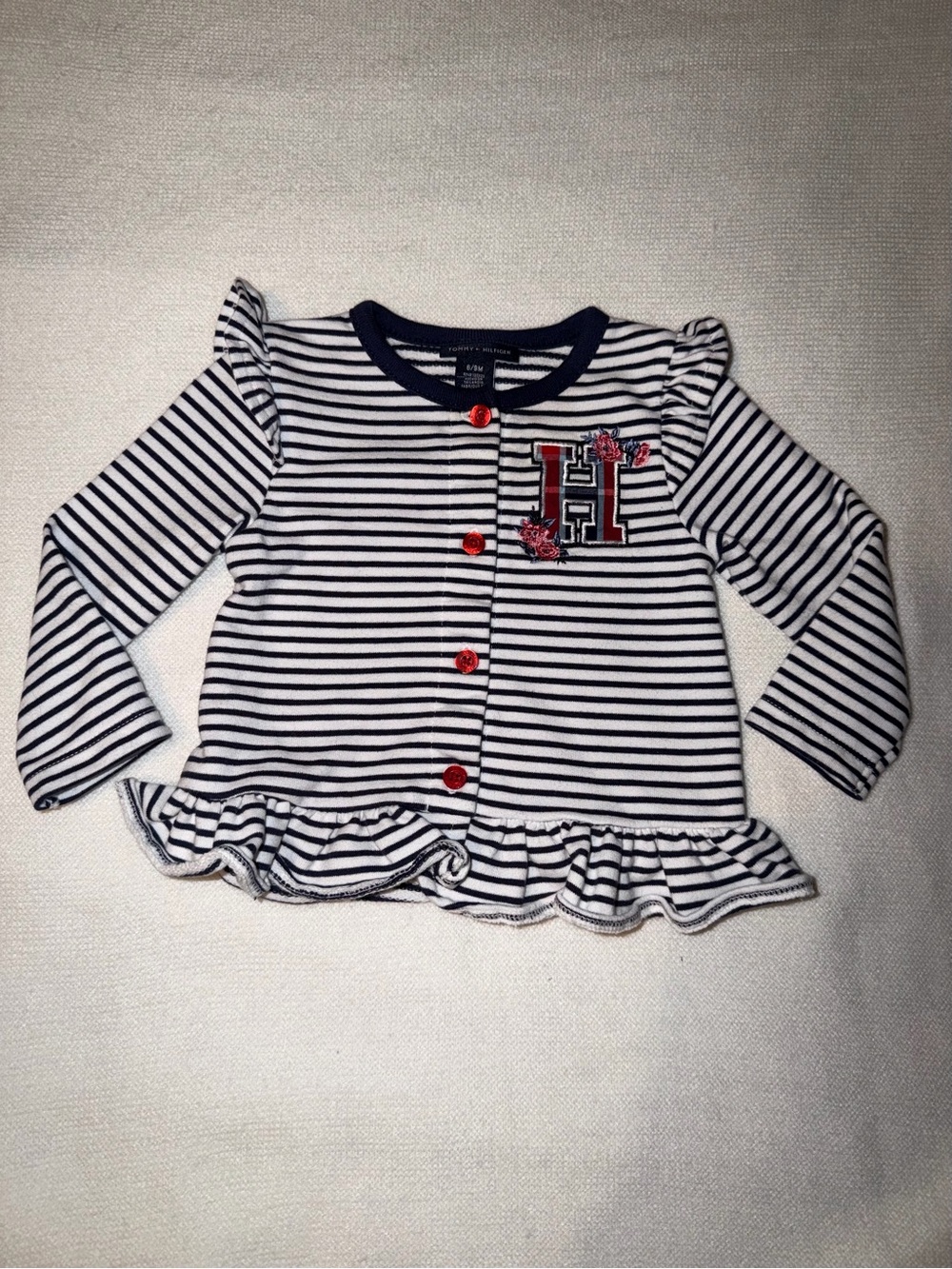 Tommy Hilfiger Navy & White Striped Ruffle Cardigan with Red Buttons